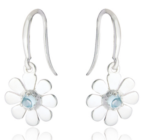 Sterling Silver Daisy, blue topaz necklace earring set.